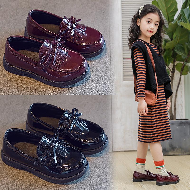Girls Casual Leather Shoes Kids Flats Tassels with Bow-knot British Soft Slip-on Loafers for Wedding Party Bright Skin New