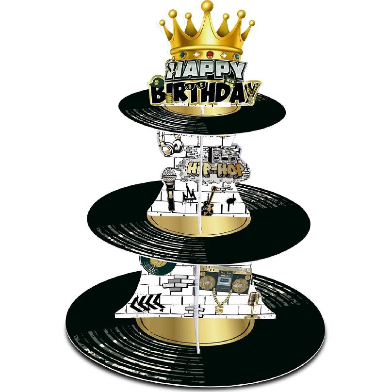GRULLIN 1PCS 80s 90s Rapper Notorious One 1st Birthday Cupcake Stand Holder, Black Golden Chain Hip Hop Rock The Big One Party Favor Decor Supplies