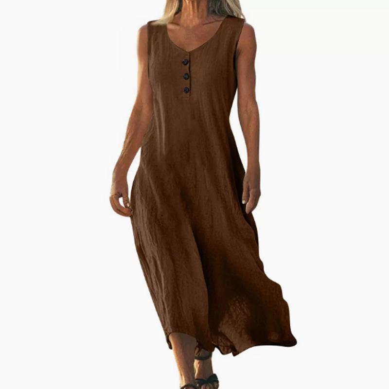 Новое женское платье-рубашка без рукавов с круглым вырезом, на пуговицах, однотонное, из хлопка и льна