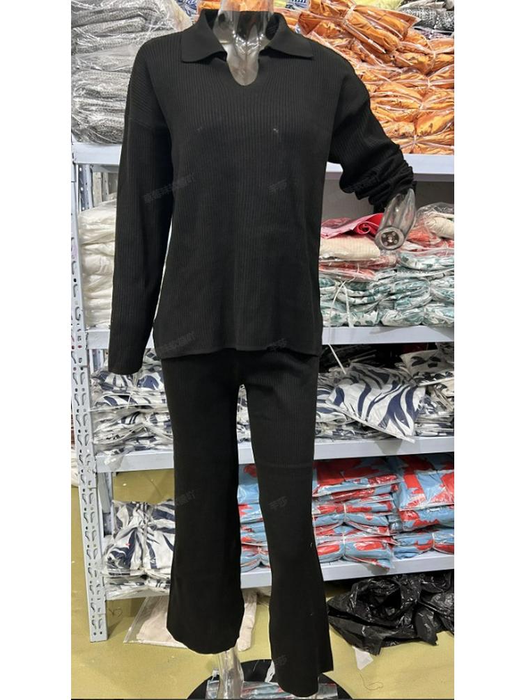 Осенний европейский и американский вязаный комплект из двух предметов для женщин, однотонный, свободного кроя, с разрезом по подолу