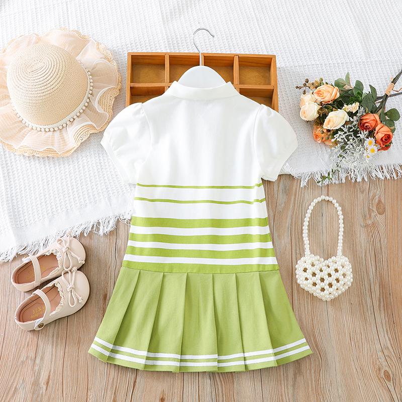 Модное платье-поло для девочек с полосками, детская элегантная одежда с рукавами-фонариками, летние платья для девочек