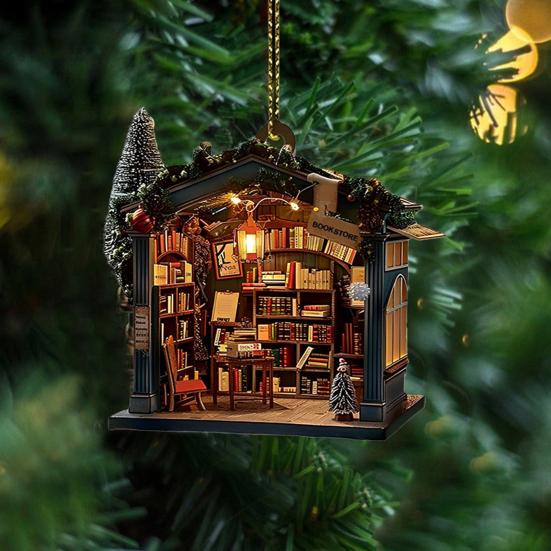 1Pc/2Pcs Christmas Bookstore Ornament Acrylic 2D Flat Book Store Ornament Xmas Tree Hanging Decoration for Book Lovers