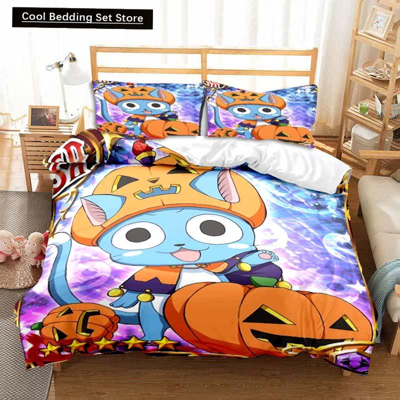 3D Anime Fairy Tail Bedding Set Bed Three-piece Set Duvet Cover Single Double Bed Queen Size Duvet Cover Set Adult Kid's Bedroom
