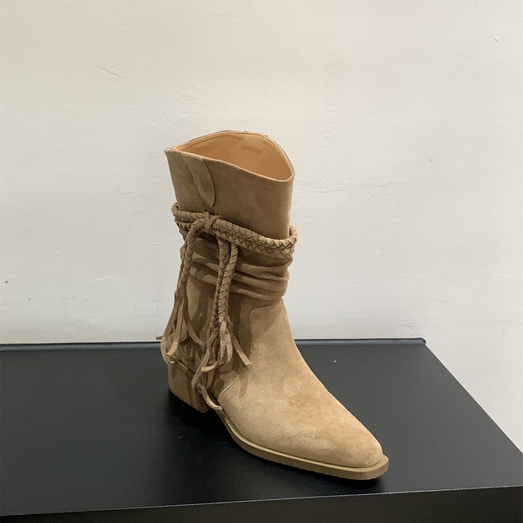 Винтажные замшевые коричневые короткие ботинки с V-образным вырезом, облегающие ботинки, женские ботинки 2025 весна-осень, высокий каблук, острый носок, средняя высота голенища, ботинки Мартин