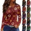 Women's Fashion Casual Slit Hem Round Neck Long Sleeve Loose Printed T-Shirt Ladies Top Christmas