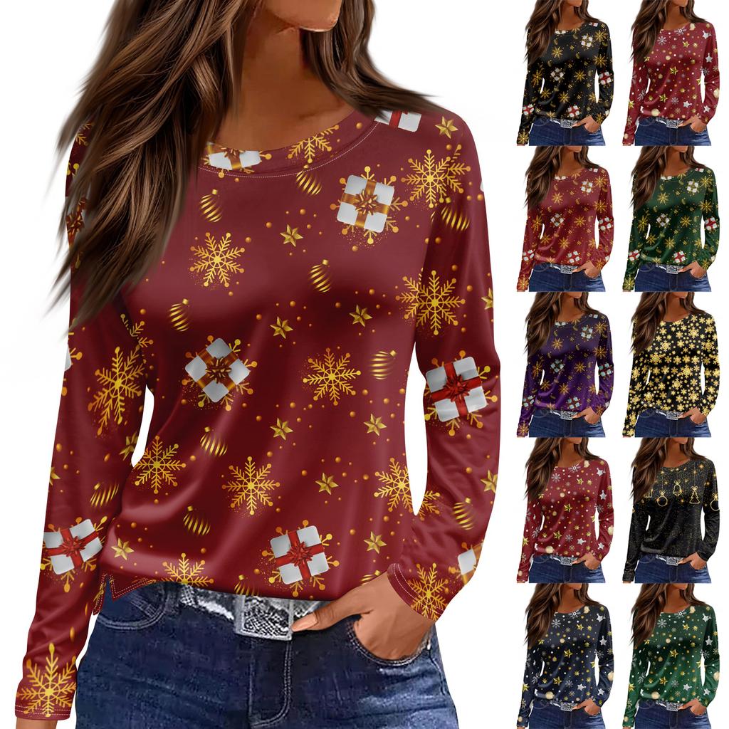 Women's Fashion Casual Slit Hem Round Neck Long Sleeve Loose Printed T-Shirt Ladies Top Christmas