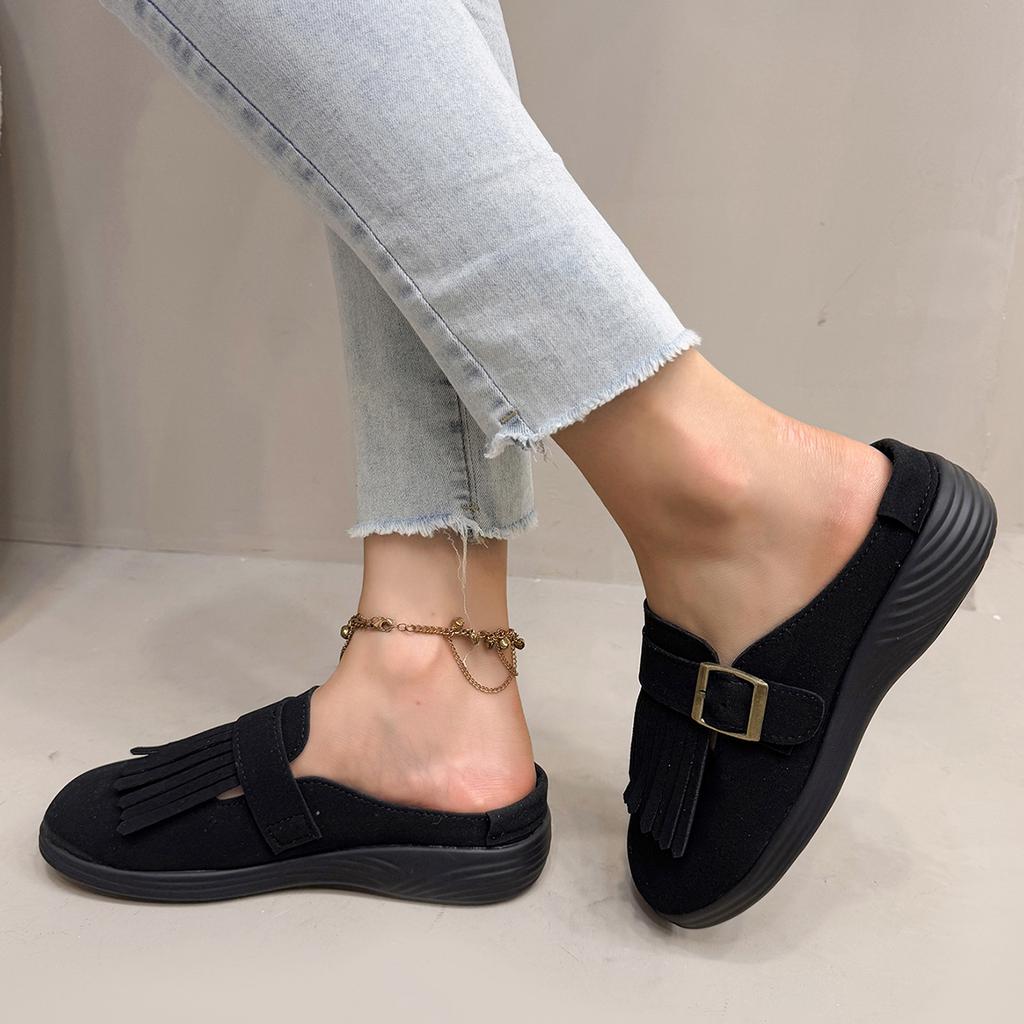 2025 Summer Peep Toe Tassel Sandals Casual Flat Heel Women's Shoes Buckle Sandals for Women