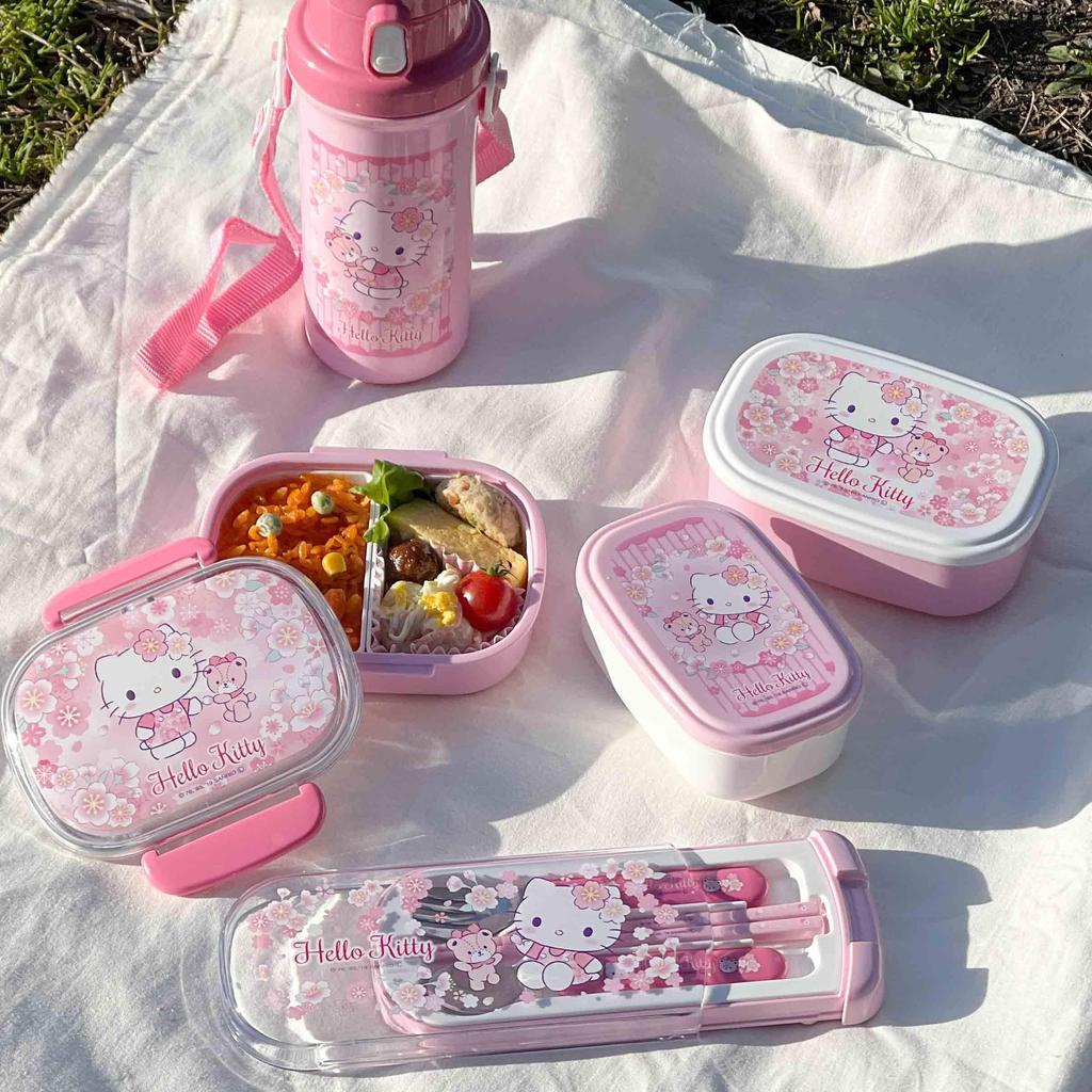OSK Cutlery Hello Kitty Sakura with and Made In Sliding Dishwasher Easy To for Girls and Children Set, Design, Pull-Lid Trio, Chopsticks, Spoon, Fork,