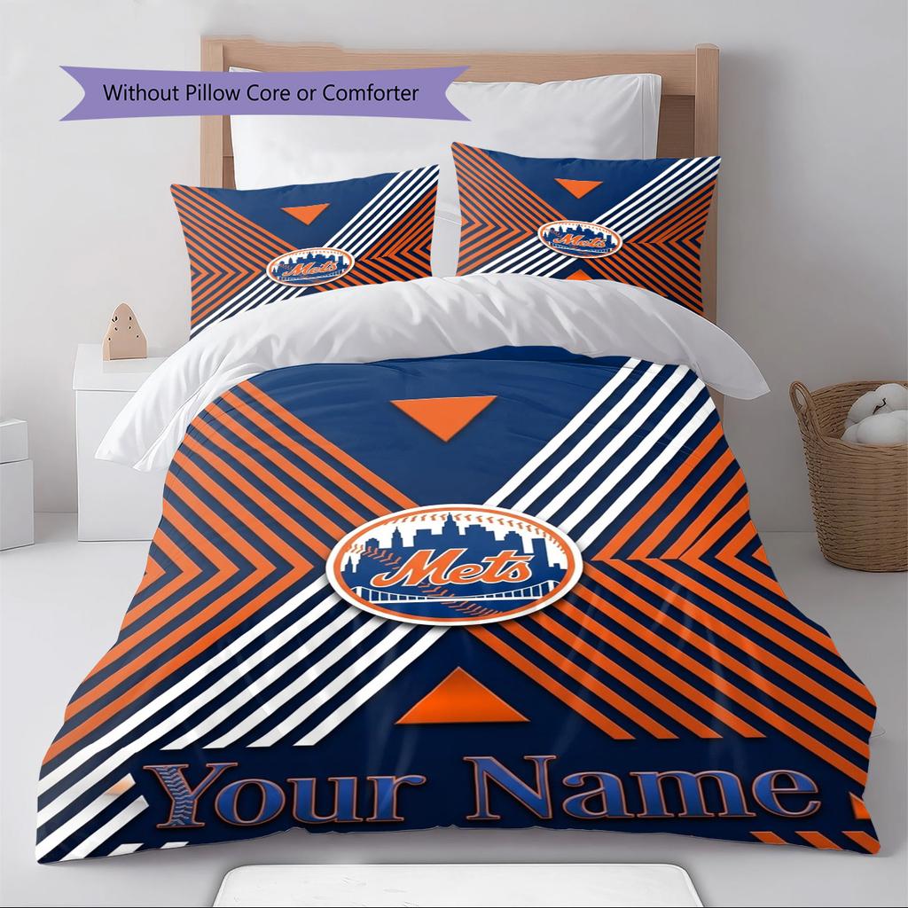Name Custom New York Mets Pattern Bedding Set Quilt Cover Pillowcase Home Decor Gift (1 * duvet cover + 2 * pillowcase, without core)
