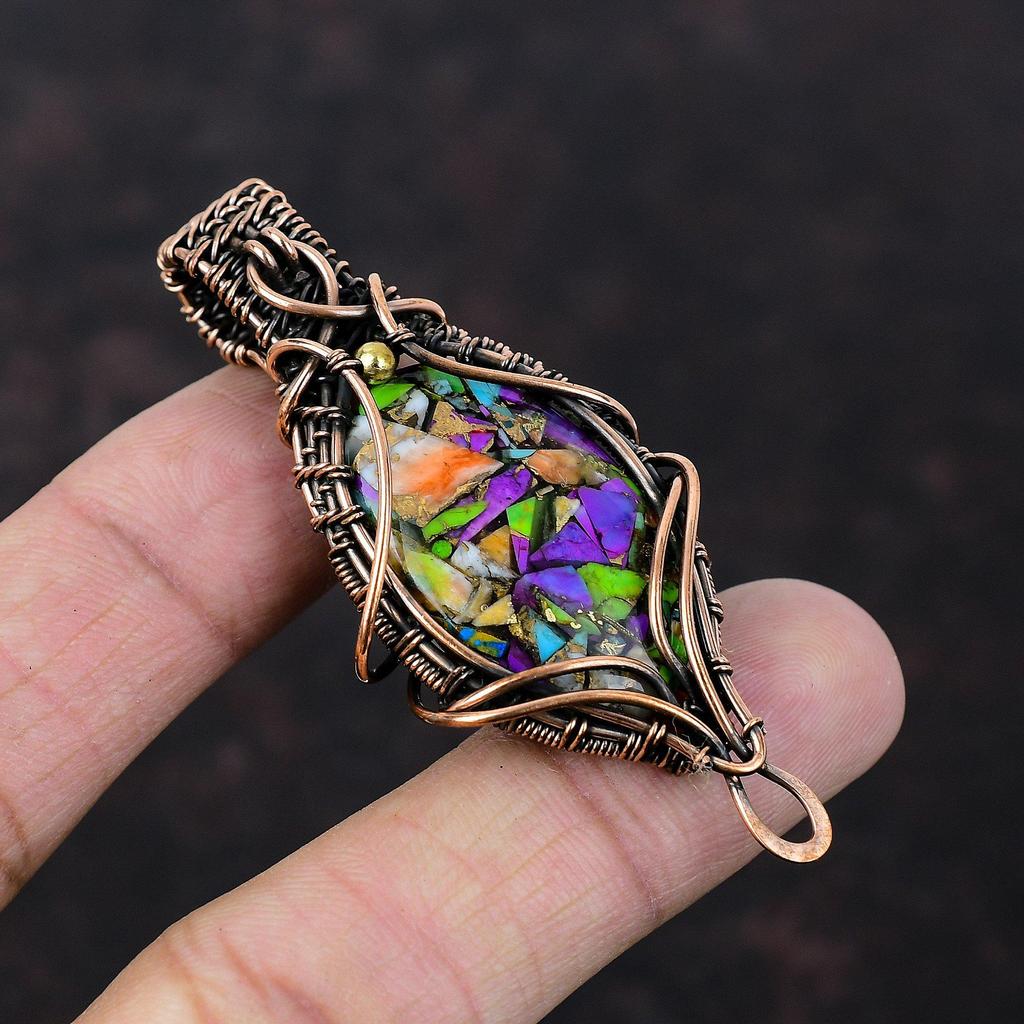 Подвеска Fiesta Kingman с бирюзой, подвеска из медной проволоки, мультимедная подвеска с бирюзой, медные украшения ручной работы, подвеска из натурального драгоценного камня