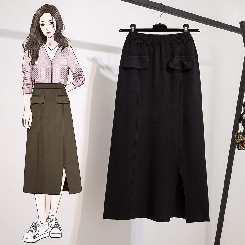 Трикотажная юбка с эластичной талией и дизайнерским разрезом для женщин зимой, большой размер, толстые мм, высокая талия, узкая прямая юбка миди