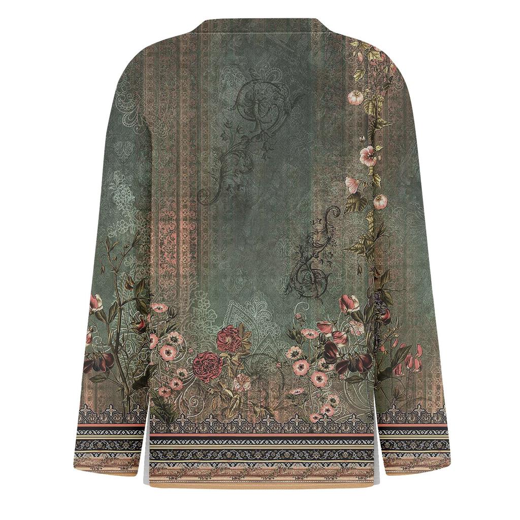 Women's Fashion Casual Slit Hem Round Neck Long Sleeve Loose  Printed T-Shirt Ladies Top