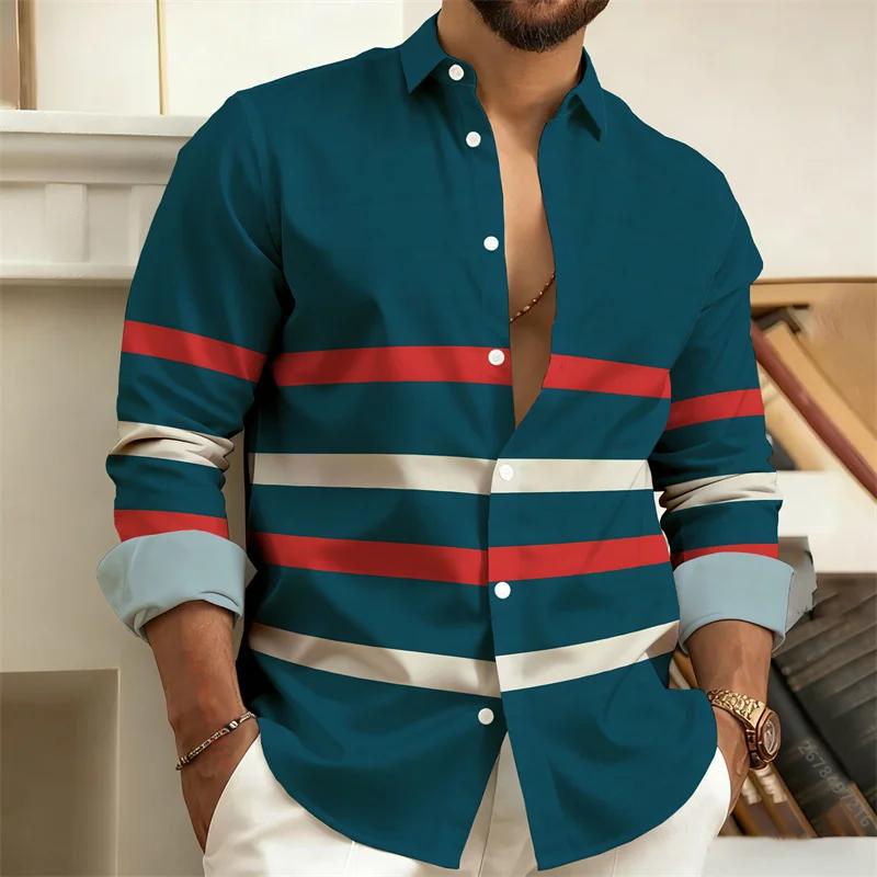 Men's Striped Long-sleeve Button-up Shirt, Casual Daily Wear