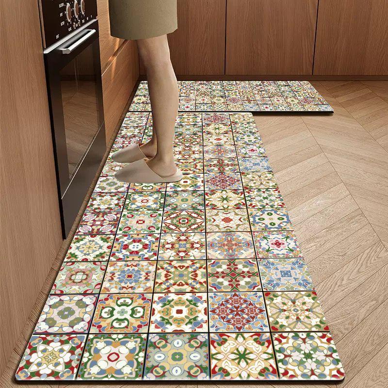 Crystal Velvet Vintage Floral Tile Kitchen Runner Mat Set Waterproof Anti Slip Absorbent Floor Rug Home Decor Gift