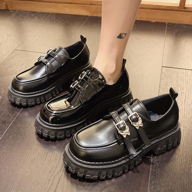 Модные туфли-оксфорды на толстой платформе для женщин Готические нескользящие лоферы из лакированной кожи с двойной пряжкой Туфли Мэри Джейн
