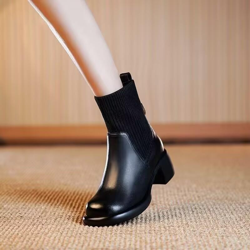 Soft Leather Martin Boots Women's Autumn and Winter New Fashion Versatile Elastic Socks Sub-boots