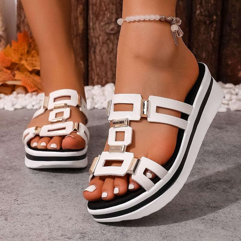 Металлические шлепанцы с вырезами Женские летние с круглым носком и открытым носком Вырезы Нескользящая платформа Клиновидная обувь