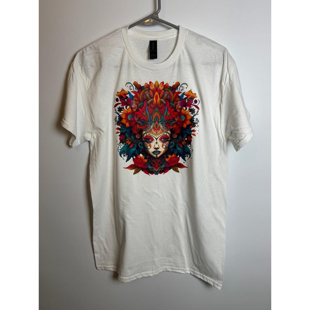 Colorful Ornate Goddess Floral Portrait Graphic T-Shirt White Size M NEW