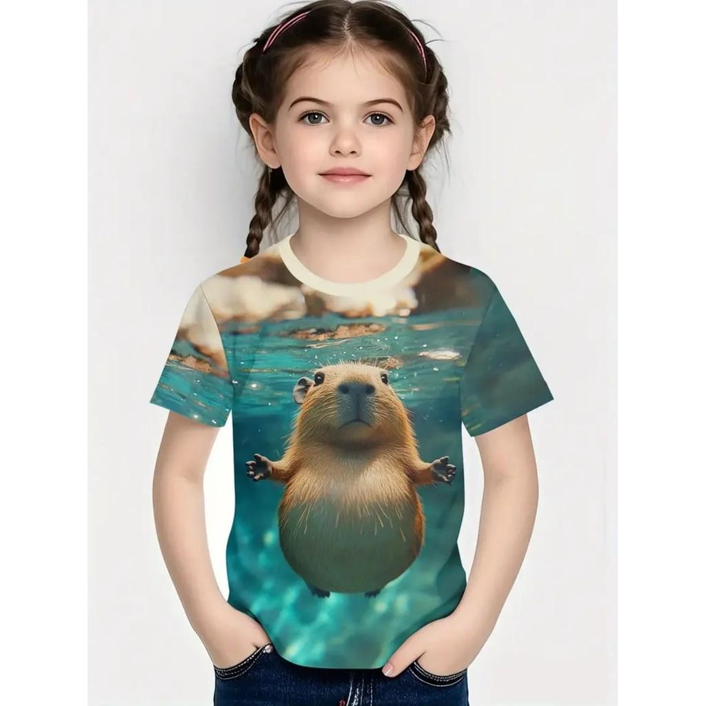 Kids Girl T-Shirt 3D Capybara Cute Graphic Short Sleeve Tee Children Summer Daily Play Outdoor Outfit