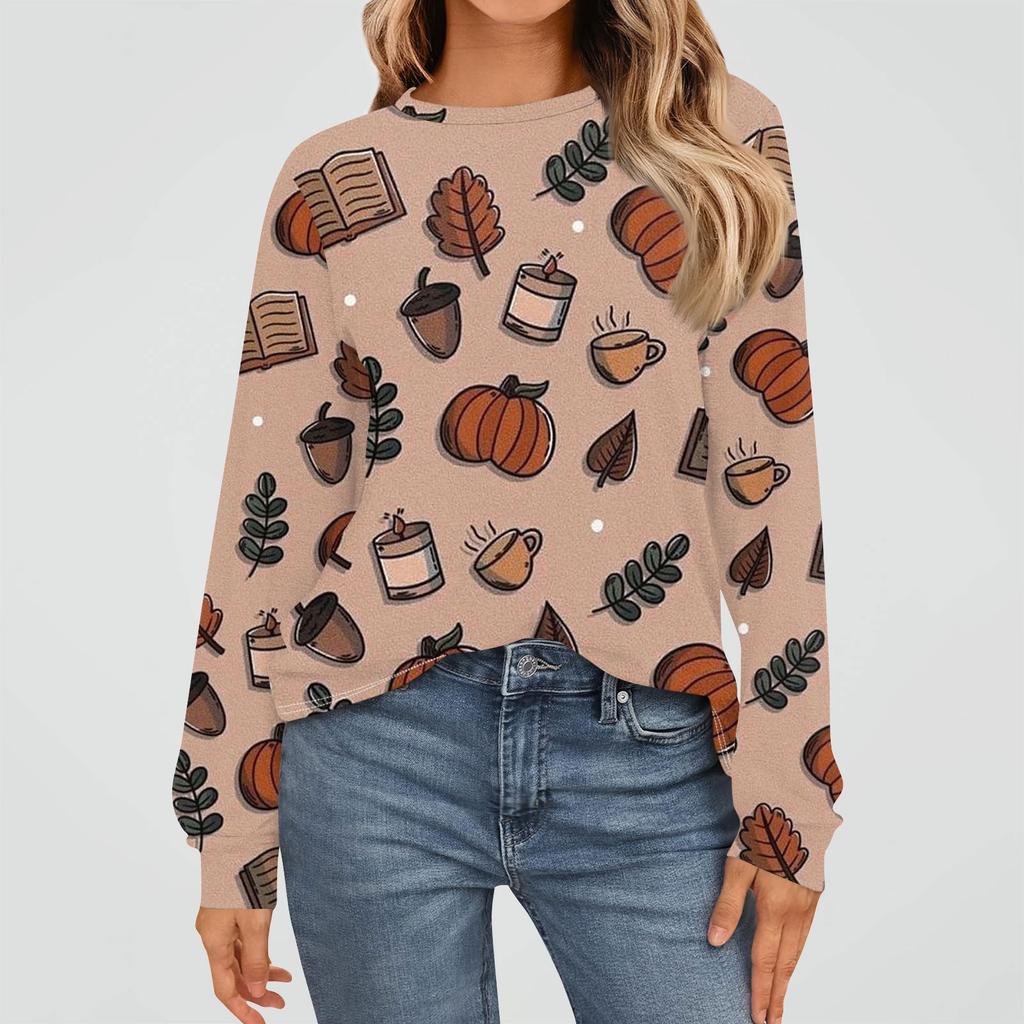 Women's Fashion Long Sleeve Shirts Loose Fitted Crewneck Basic Halloween Print Tops Casual Outfits