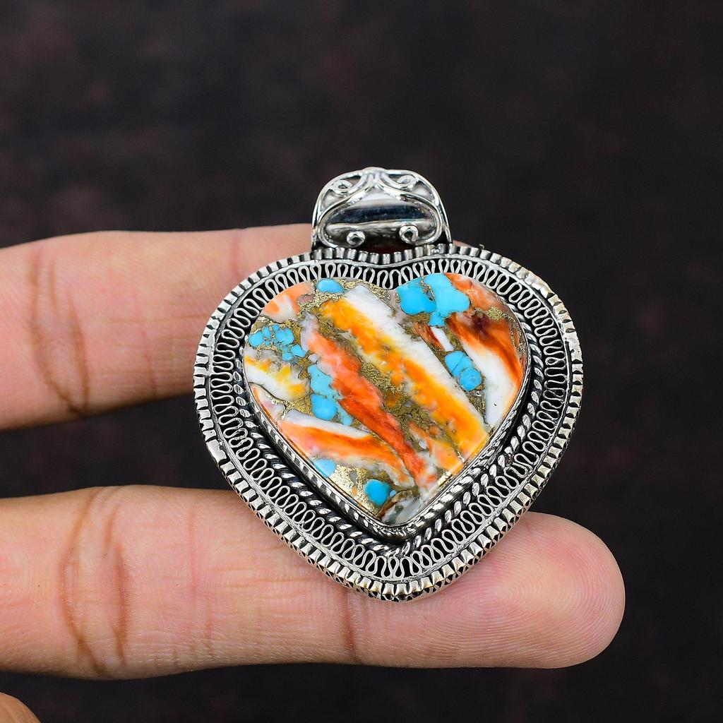 Колючая устрица, медный бирюзовый кулон, винтажный кулон ручной работы, подвеска из стерлингового серебра 925 пробы, кулон с драгоценным камнем, подарок на годовщину, элегантные ювелирные изделия