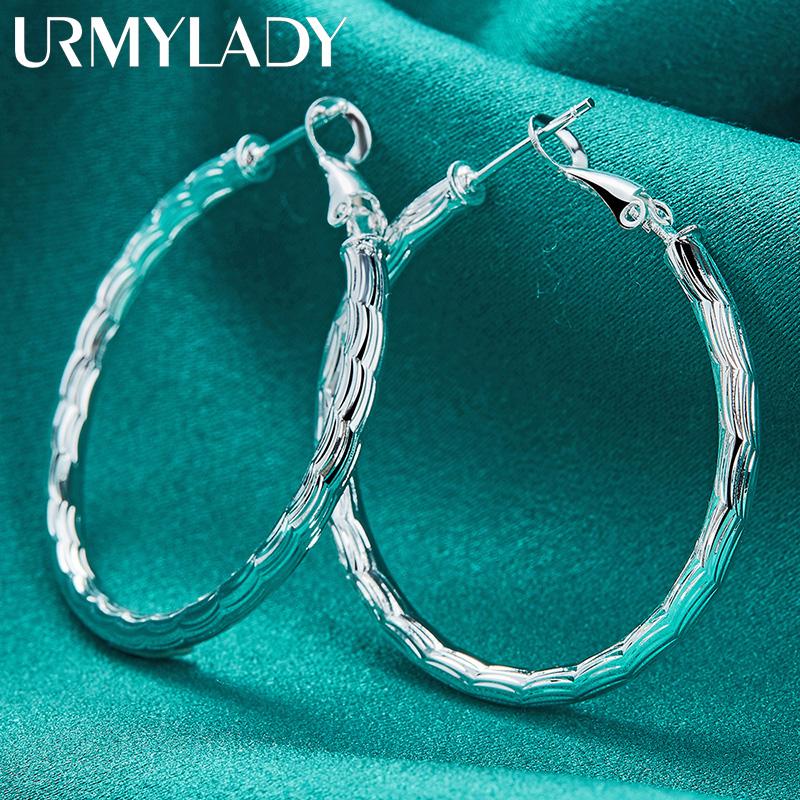 Серьги-петли из стерлингового серебра 925 пробы с водным узором, круглые 40 мм, для женщин, очаровательные ювелирные изделия