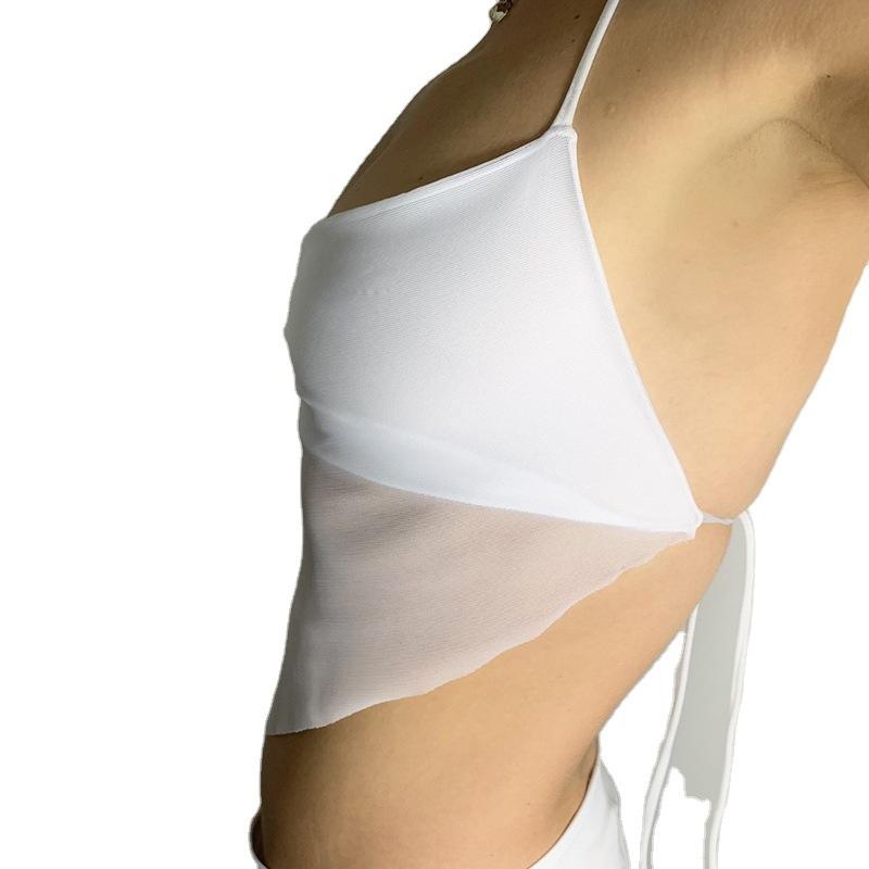 Сексуальные прозрачные сетчатые топы с лямкой на шее, женские однотонные корейские укороченные топы с v-образным вырезом и открытой спиной, модная корейская футболка 90 s