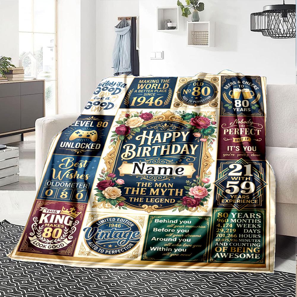 Vintage Birthday Celebration Blanket Personalized Name Soft Warm And Versatile For Sofa Bed Office And Travel Machine Washable Comfortable In All