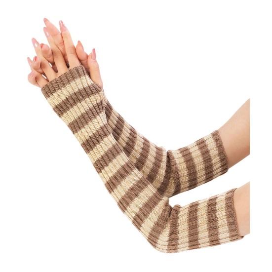 Women Striped Elbow Gloves Winter Knitted Arm Warmers Goth Punk Fingerless Gloves Stretchy Mittens with Thumb Hole for Daily Wear Cosplay