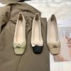 Fashion Women Ballet Flats Shoes Two Color Splice Bow Round Flats Shoes Fashion Low Heel Shallow Female Ladies Square Heel Single Shoes