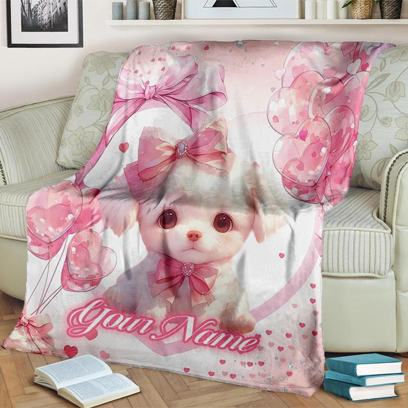 1PC Custom Name Pink Bow Puppy Love Flannel blankets Patterns Throw Blanket All-Season Soft Gift for Couch, Bed, Camping gifts