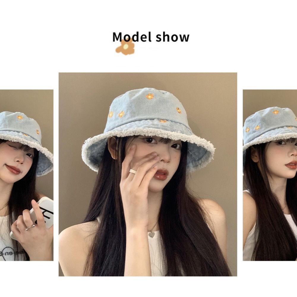Foldable Women's Sun Hat Flower Embroidery Fisherman's Hat Denim Bucket Hat Summer Outdoor