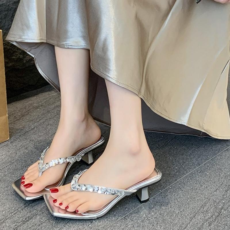 Fashion 2025 New Women Slippers Slip On Flip Flops Med High Heels Summer Shoes Woman Black Slides Crystals Pink Sandalias