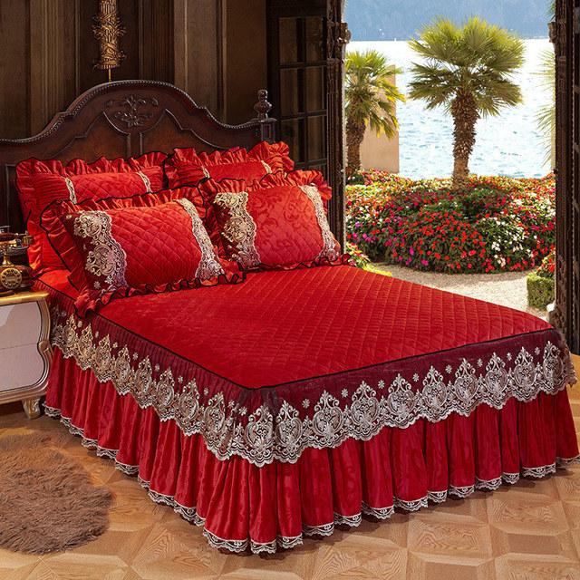 Кружевное бархатное покрывало King Size, стеганая юбка с рюшами, эластичное покрывало для кровати размера «queen-size», наволочки, мягкие и теплые европейские 3 шт.