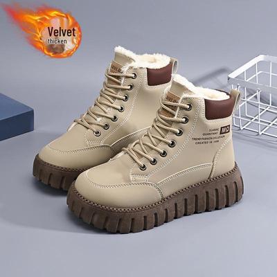 Женские ботинки мартин на высоком голенище в корейском стиле - Плюшевые, на толстой подошве, теплые хлопковые, универсальные, повседневные зимние ботинки.