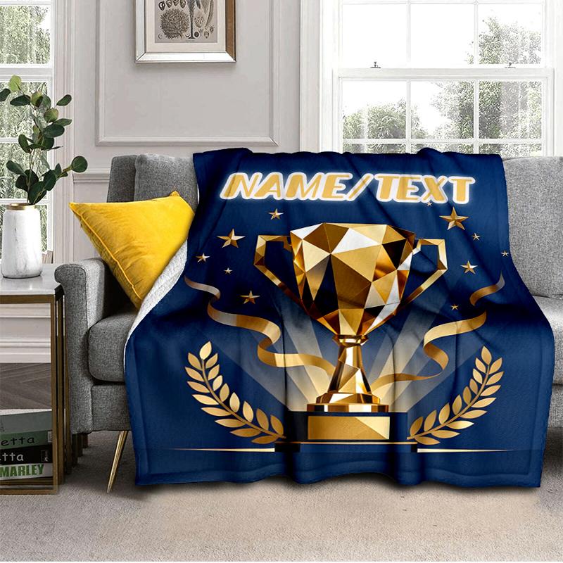 1PC Custom Name Golden Trophy Achievement flannel blanket versatile,all-season throw suitable for the living room,bedroom,camping,travel,and gift