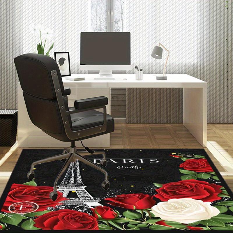 Romantic Paris Eiffel Tower Roses Rug - French Inspired Home Decor, Elegant Black Background with Red and White Flowers