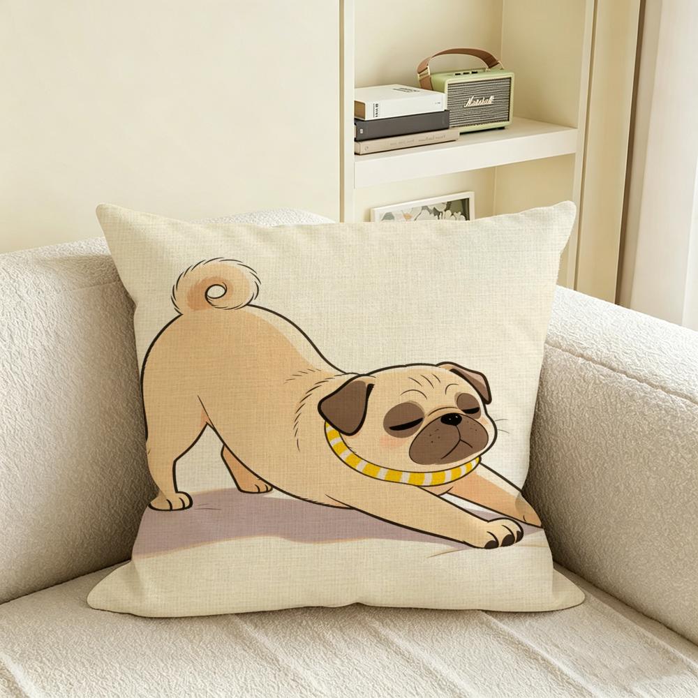 C-Cartoon Pet Pug Cushion Cover Natural Linen Pillowcase Set, All-In-One Decor For Sofa, Bedroom & Chair