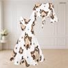 Women Plus Size V Neck 3 4 Sleeve Gingerbread House Print White Midi Dress
