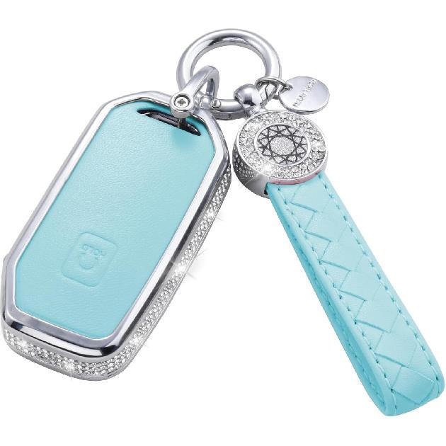 for Volvo Key Fob Cover with Keychain, Blue Leather Rhinestone Key Case Protection Shell Compatible with XC90, XC60, XC40, S60, S90, V60, V90,