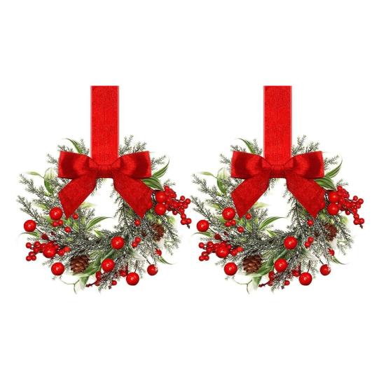 Мини Рождественский Венок с Бантом из Красного Бархата Декор Дверцы Шкафа для Кухни Окна Фермерского Дома Входной Двери Стены Камина Ягодная Гирлянда