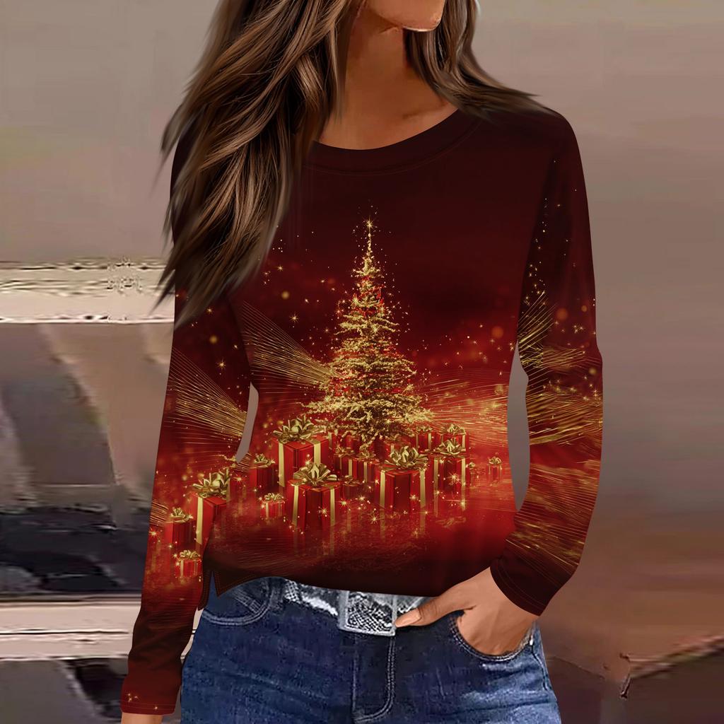 Женская модная повседневная футболка с разрезом по низу, круглым вырезом, длинными рукавами, свободного кроя, с рождественским принтом, женский топ