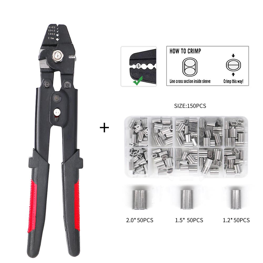 Wire Rope Crimping Tool Fishing Crimping Tool With 150Pcs 1.2/1.5/2mm Aluminum Double Barrel Ferrule Crimping Loop Sleeve Kit