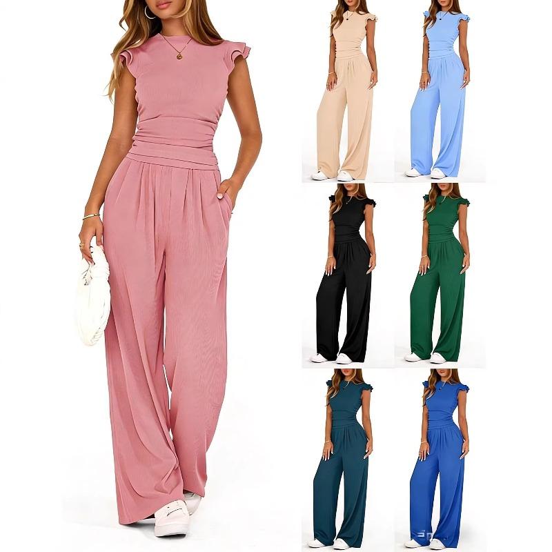 GMXIA Women's Fashion Casual Summer Spring Short Sleeve O-Neck Pants Suits