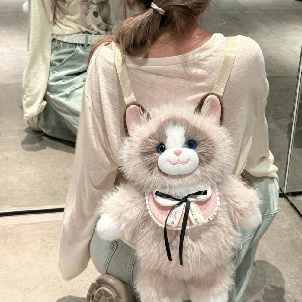 Lifelike Stuffed Animal Bag Fur Material Ragdoll Cat School Bag New Plush Backpack Birthday Gift