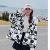 Loose Print Down Cotton Short Warm Jackets  with Hooded Outwear Print Coat