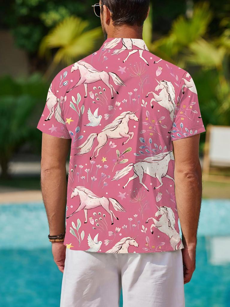 Men'S Stylish Pink Unicorn Floral Print Short-Sleeve Shirt | Non-Stretch Fabric, Button Details, Collar, Regular Fit, All-Over Print, Summer