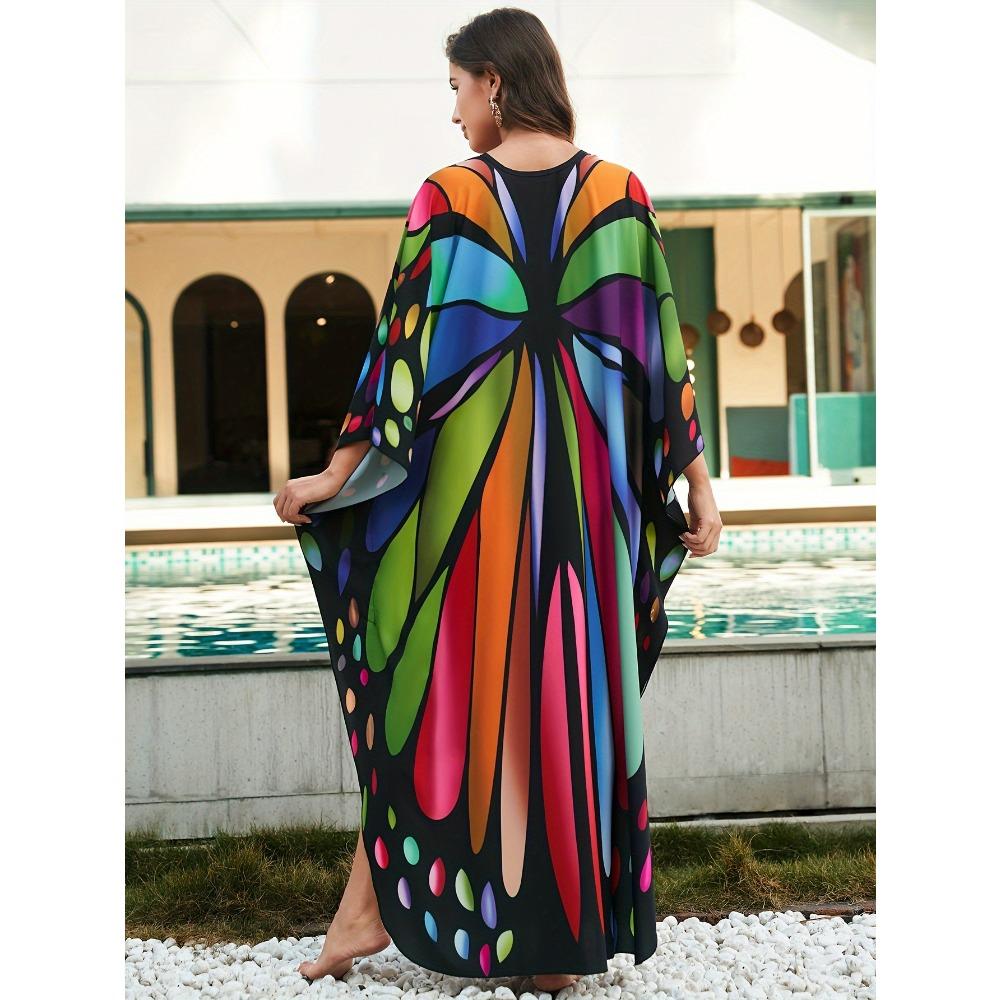 Женское накидка в стиле бохо, большие размеры, красочный принт бабочки, тканый дизайн, V-образный вырез, свободное пляжное платье-кафтан