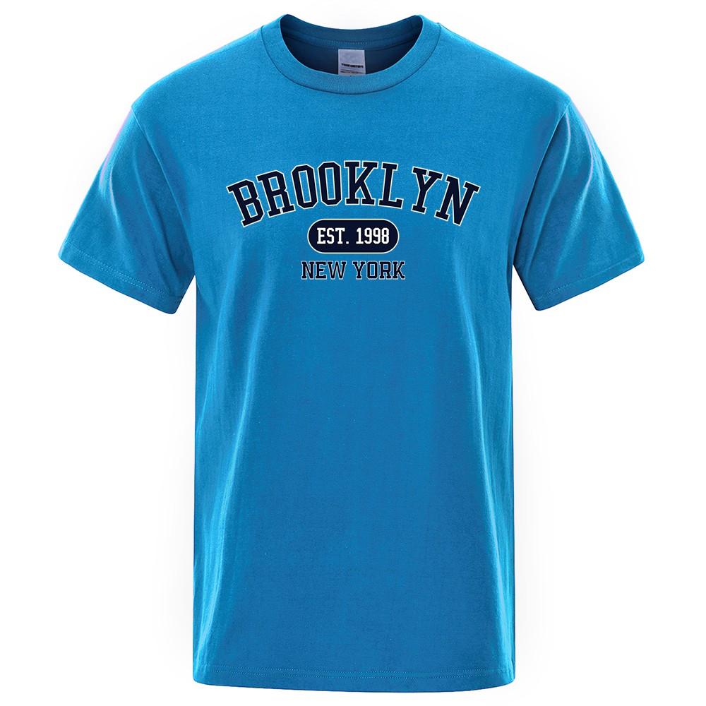 New American Unisexs summer retro Brooklyn letter print micro elastic breathable round neck Tshirt outdoor urban casual top