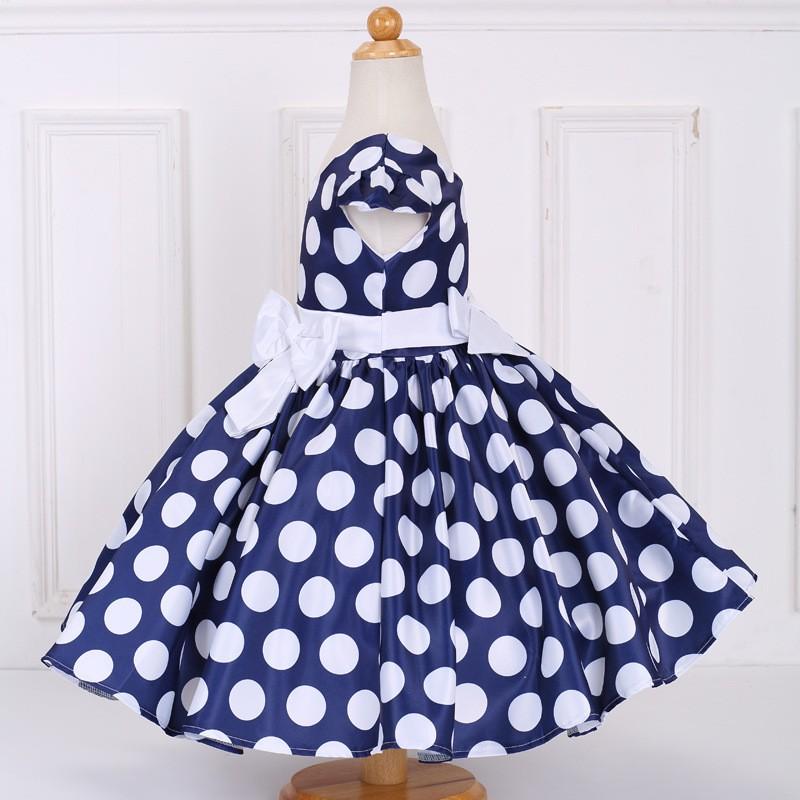 Girls Polka Dot Short Sleeve Bow Dress Kids Formal Party Gown 3-12 Years Old